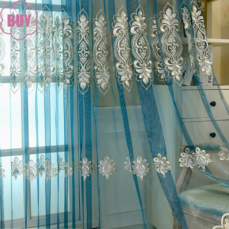 

European-style Curtains for Living dining Room Bedroom Villa Embroidery Blue tulle Light Luxury Window Screen Customization