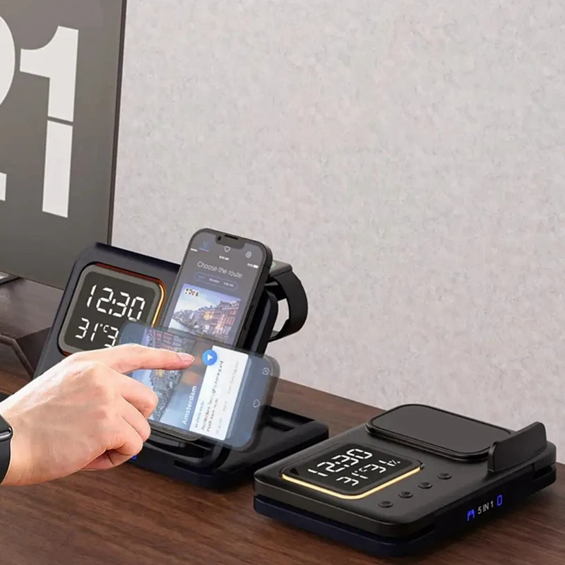 Беспроводные зарядные устройства подставка 5 в 1 светодиодный цифровой будильник