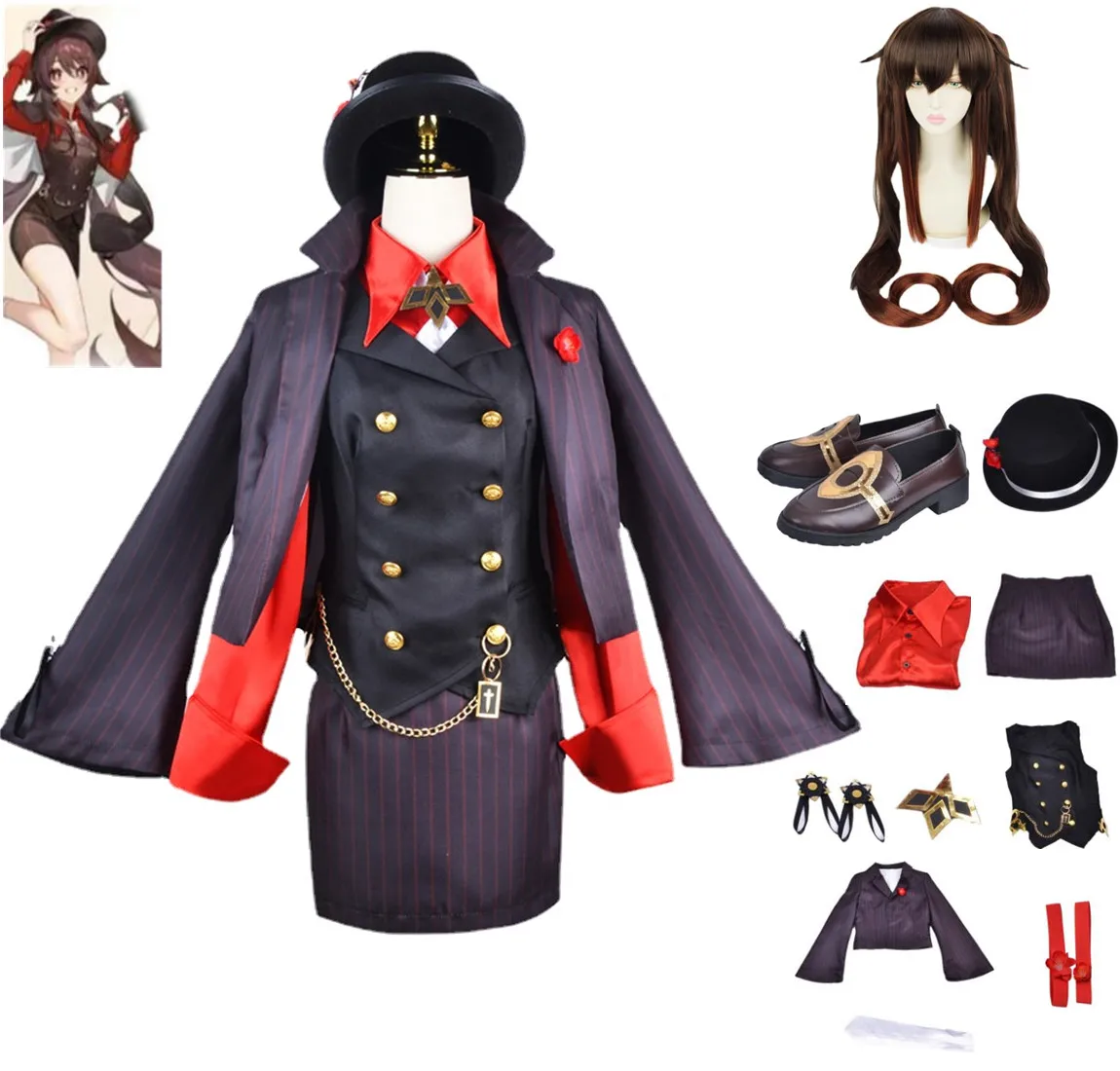 

Аниме игра Genshin Impact Hu Tao шапка костюм для косплея шейный галстук Женская короткая обувь Мужской Женский костюм для Хэллоуина Kawaii