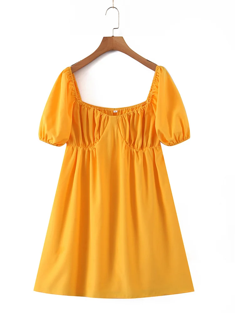 

Hsa 2022 женское летнее платье миди с пышными рукавами и вырезом лодочкой, драпированные однотонные пляжные платья с высокой талией, плиссиров...