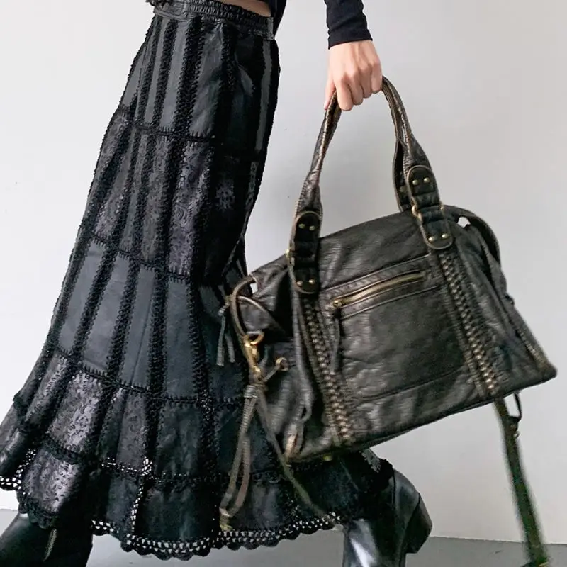 MBTI Black Washed Tote Bags for Women Vintage Distressed Soft Pu Leather Motorcycle Shoulder Bag Large Capacity Female Handbag