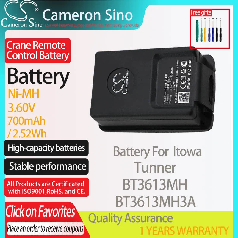 

CameronSino Battery for Itowa Tunner fits Itowa BT3613MH BT3613MH3A Crane Remote Control battery 700mAh/2.52Wh 3.60V Ni-MH Black