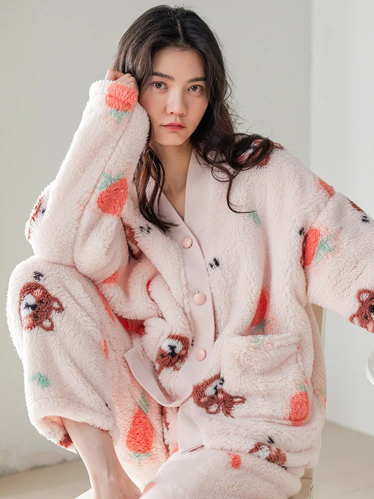 Japan fashion Sweet Thickened Pajamas Women's Autumn and Winter V-neck Cardigan Fleece-lined Warm Flannel Long sleeve Homewea...