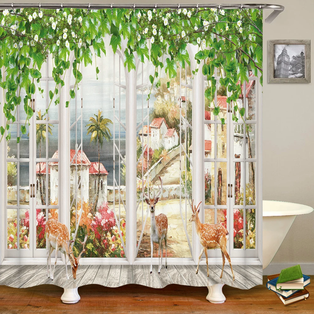 

Home decoration shower curtain 3D retro country style garden flower scenery bathroom curtain polyester waterproof shower curtain
