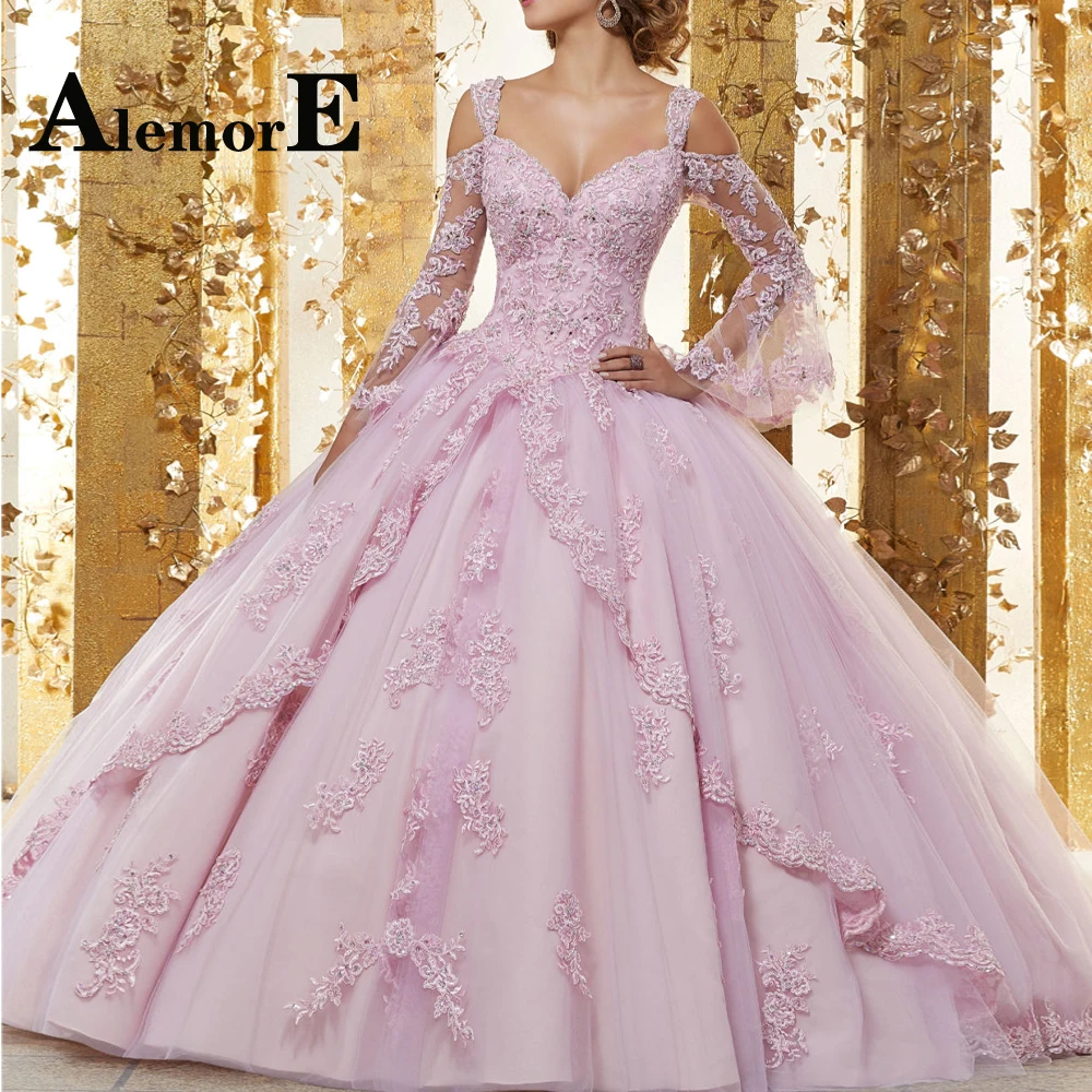 

Alemore Classic Ball Gown Quinceanera Dresses Puffy Sleeves Sweetheart Appliques Crystal Pleat Personalised Vestido De 15 Anos