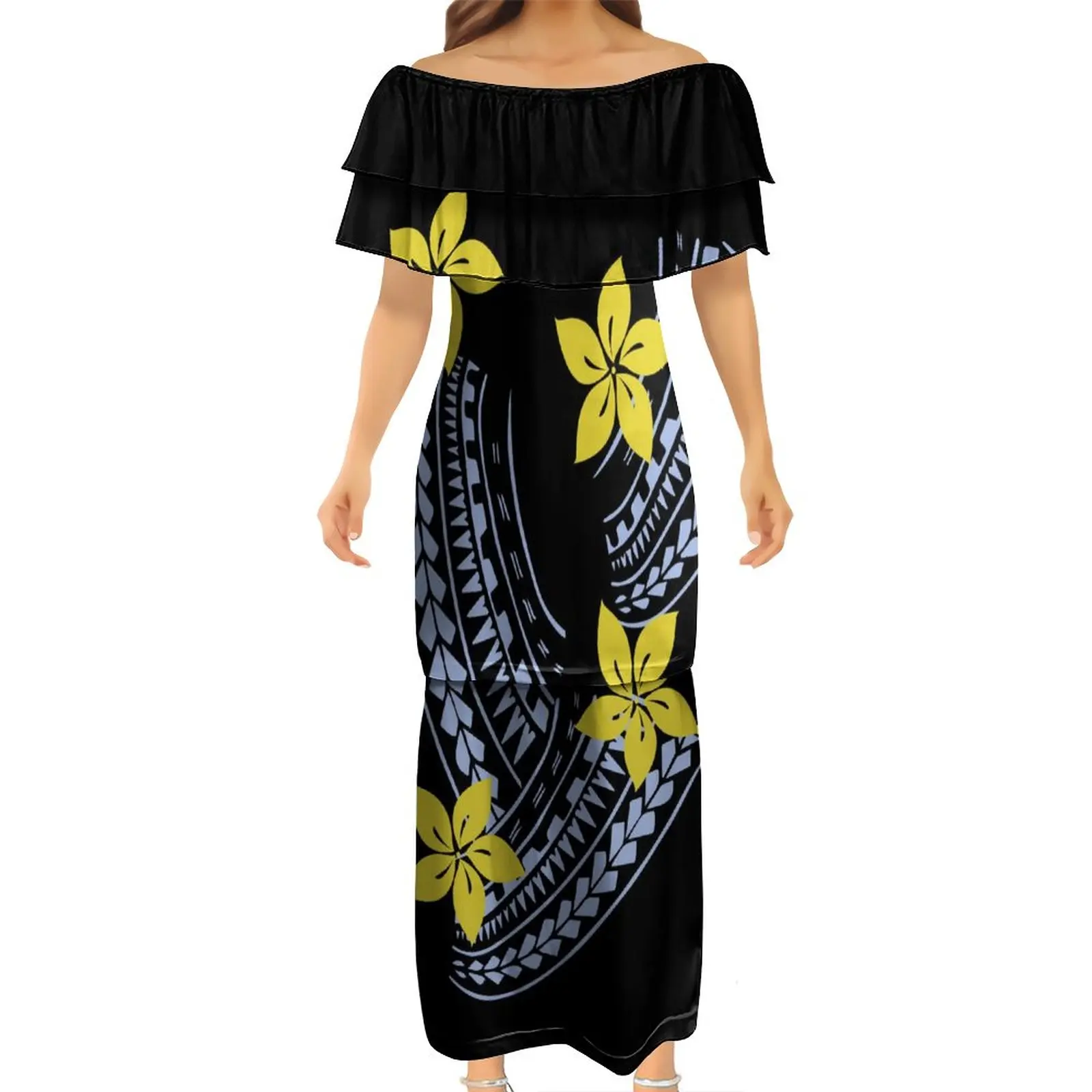 

Breathable One-Shoulder Puletasi Dresses Two Piece Polynesian Tribal Design Women Casual Double Frill Shoulder Puletasi Dresses