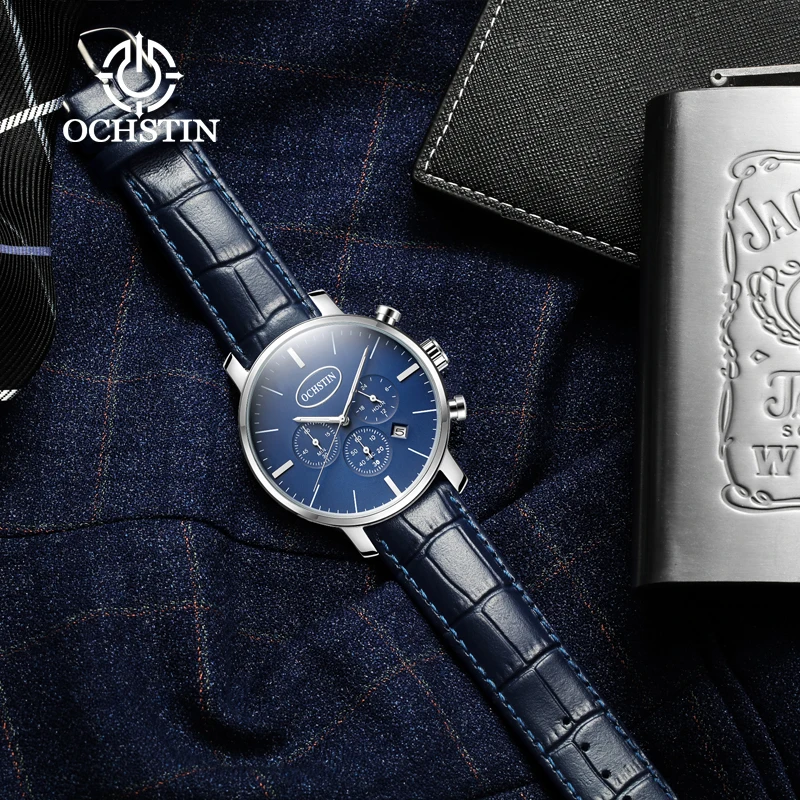 Фото OCHSTIN Luxury‑Simple Man, элегантные повседневные часы с ремешком из натуральной кожи, мужские надежные многофункциональные кварцевые модные наручные часы №5