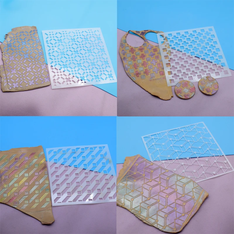 9 sztuk szablon transferu pcv dla glina polimerowa płaskorzeźba tekstury biżuteria DIY wzór geometryczny szablony do malowania ekranu