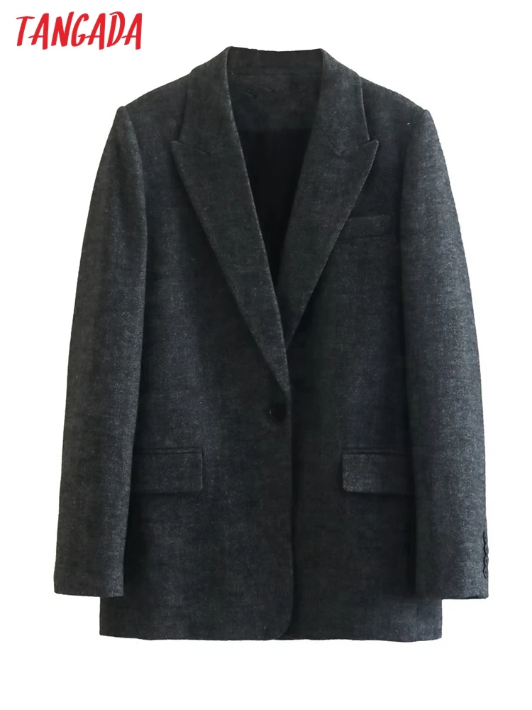 

Tangada Women 2022 Winter Blazer Coat Vintage One Button Long Sleeve Female Outerwear QD151