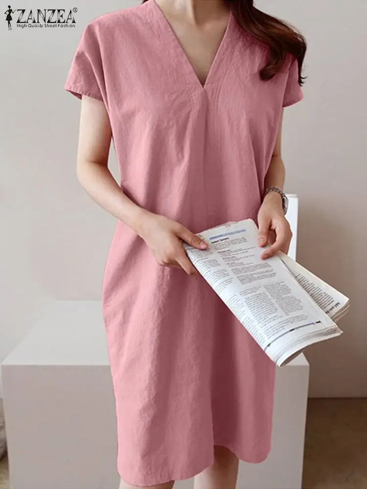 

Модный женский свободный сарафан с v-образным вырезом и коротким рукавом, летнее Элегантное повседневное Хлопковое платье до колена, одното...