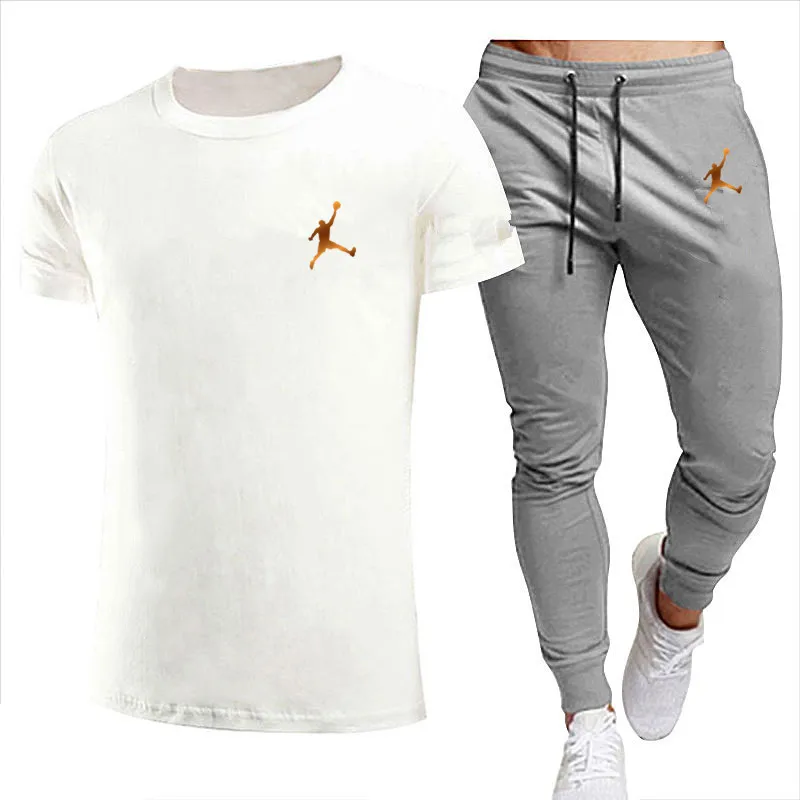 2023 Men's Leisure Sports Suit Men's Leisure Fitness Sports Suit Short Sleeve T-shirt + Trousers