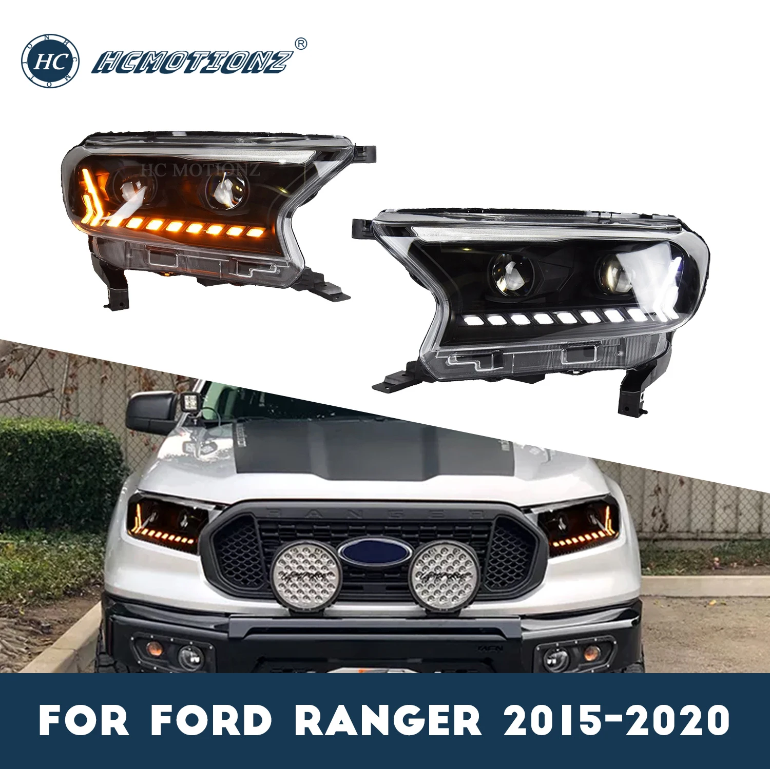 

Передние фары HCMOTIONZ в сборе для Ford Ranger 2015-2020 4X4 пикап Arquus Trigger VT4 T6 T7 автомобильные передние лампы дизайн Q7
