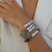 bohemia irregular natural gem stone bracelet stretch acrylic love letters charm rose crystal quartz bracelets bangles for women