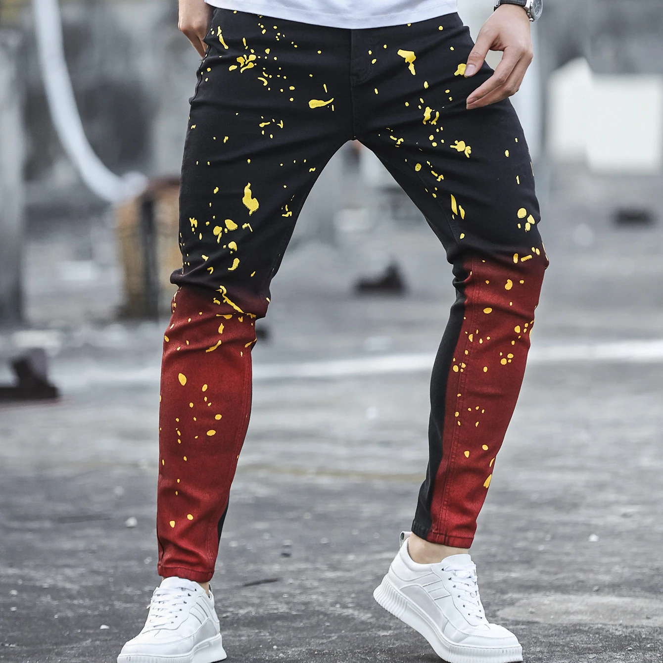 2023 New Men Fashion Hip Hop Youth Streetwear Style Jeans Casual Slim Fit Tide Male Denim Pants Mens Pencil Trousers Balck Red