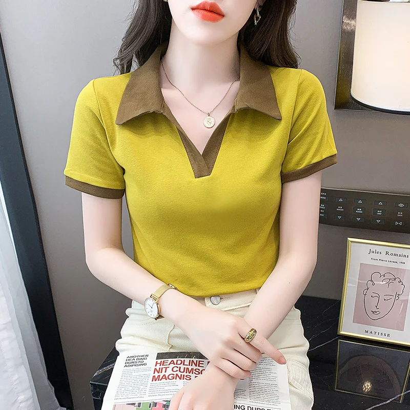 

Short sleeve polo neck T-shirt women's color contrast design women's summer 2022 new style foreign style versatile front shoulde