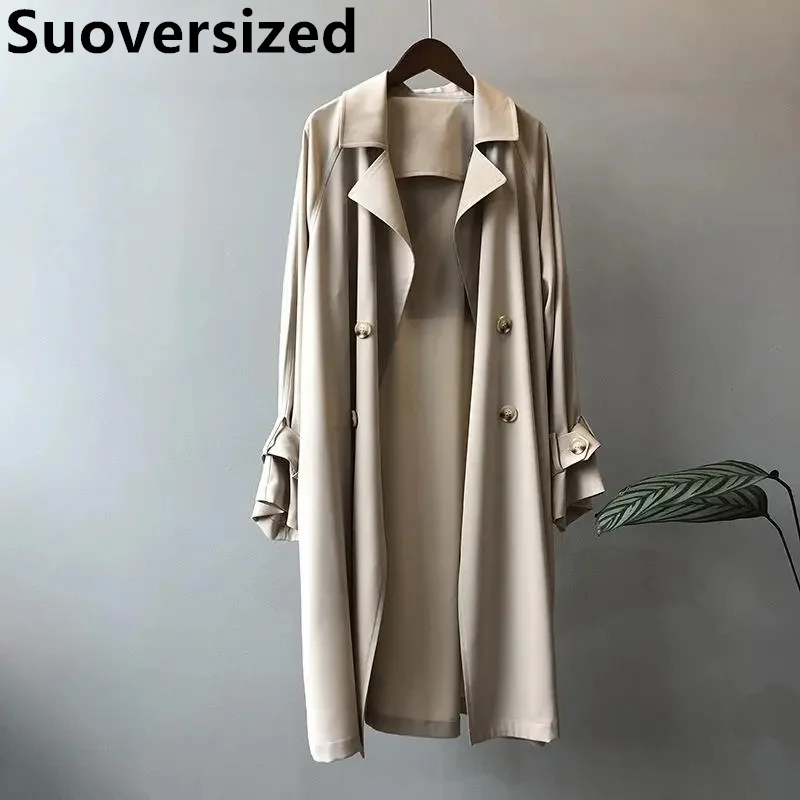 

Elegant Women's Thin Unlined Long Trench Coats Fashion Casual Double-breasted Windbreaker Loose Korean Overcoat 2023 Spring