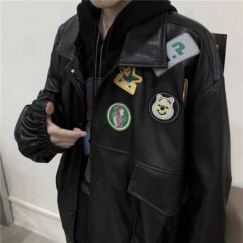 Leather Coat Women's Couple Jacket 2022 Autumn And Winter Ins Embroidered Logo New PU Lovers' Loose Long Sleeve Bomber Coat