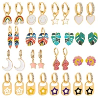 boho rainbow color leafs feather pendants small circle hoop earrings for women fashion dripping oil heart smiling face earrings