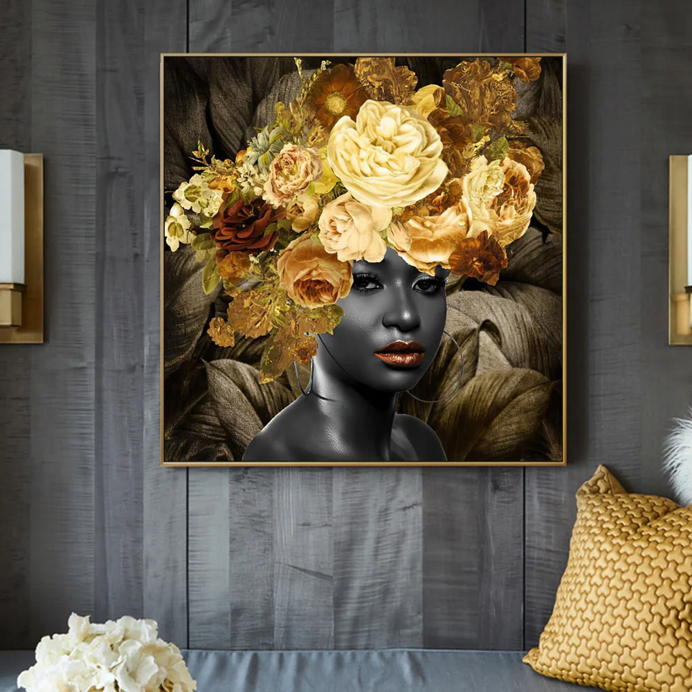 

Modern Black African Woman Portrait Flower Nordic Decor Wall Art Poster Painting On The Canvas Prints Picture For Living Room
