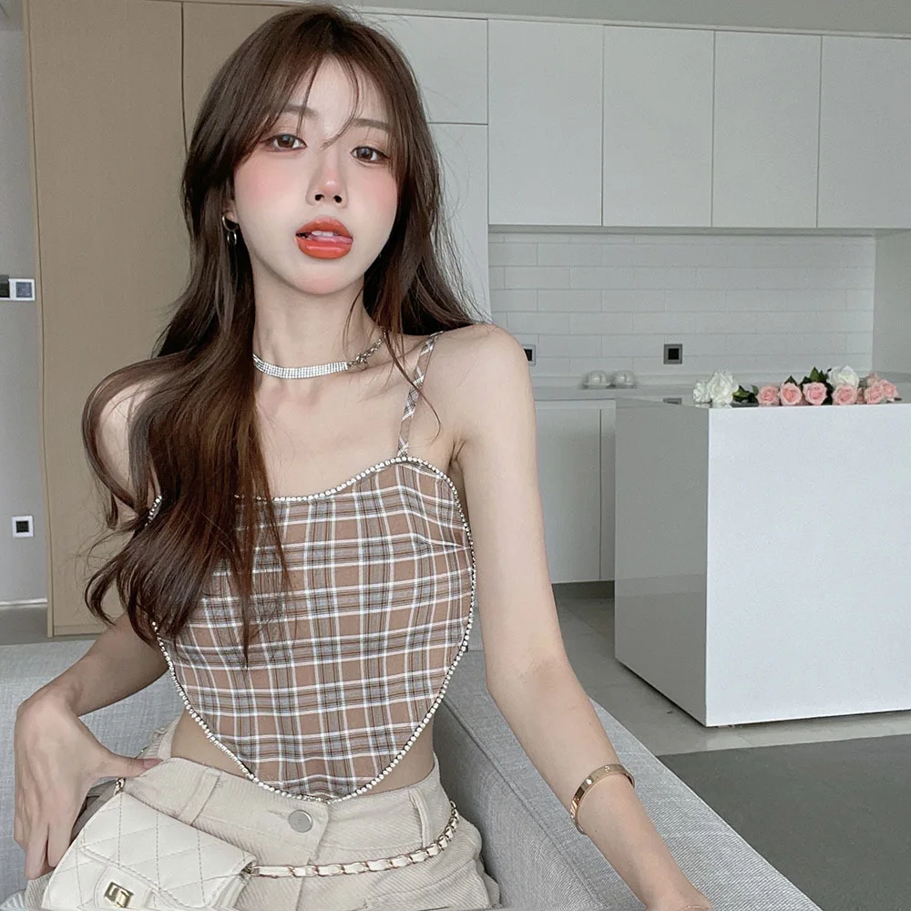 

plaid Crop Top Women 2022 Summer Halter Top Cami Sexy Sleeveless Rhombus Backless Female Cloth Cute Vest Cropped Short Camisole