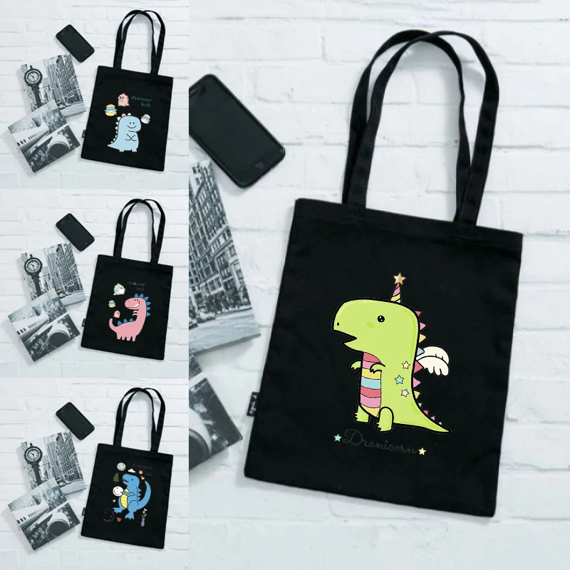 

Women Canvas Shopping Bag Anime Dinosaur Printing Cotton Cloth Shoulder Bag Eco Handbag Tote Reusable Grocery Shopper Bags