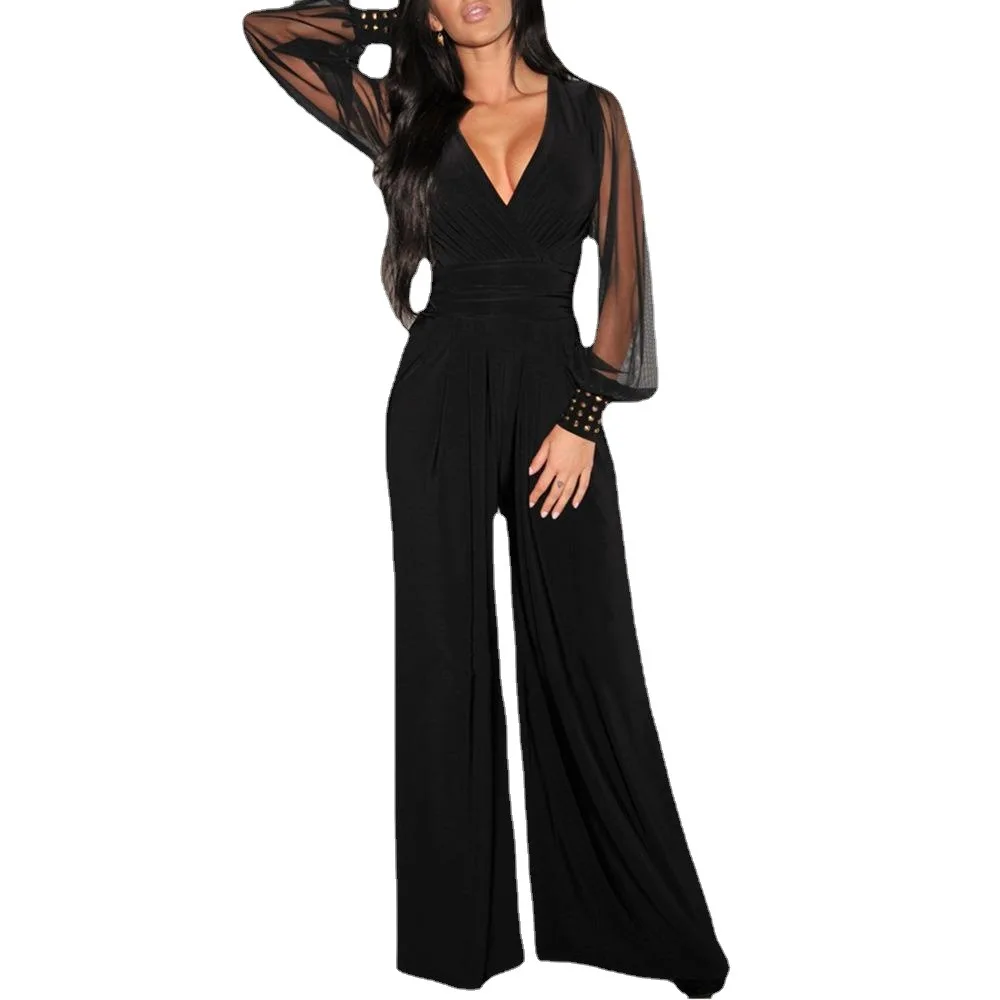 Women's Sexy Bodysuit V-neck mesh stitching rivet straight tube jumpsuit Sexy Hot Spicy Sweetheart Available in Multiple Colors