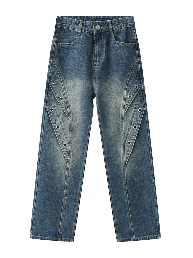 Men's Fashion Wear Patchwork Korean Streetwear Fashion Straight Middle Waist Blue Jeans Casual Denim Trousers Men Pants Denim