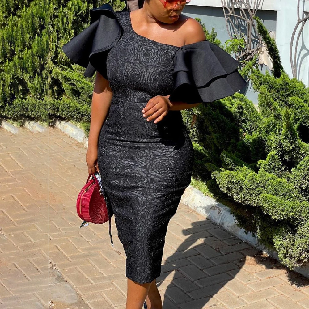 

2023 New Dresses for Women Black White One Shoulder Ruffles Bodycon Mid Calf Elegant Luxury Birthday Party Vestidos Mujer Cloth
