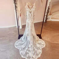 spaghetti straps vintage lace wedding dress sexy v neckline bride dress tulle beach bridal gown trouwjurk lakshmigown customized
