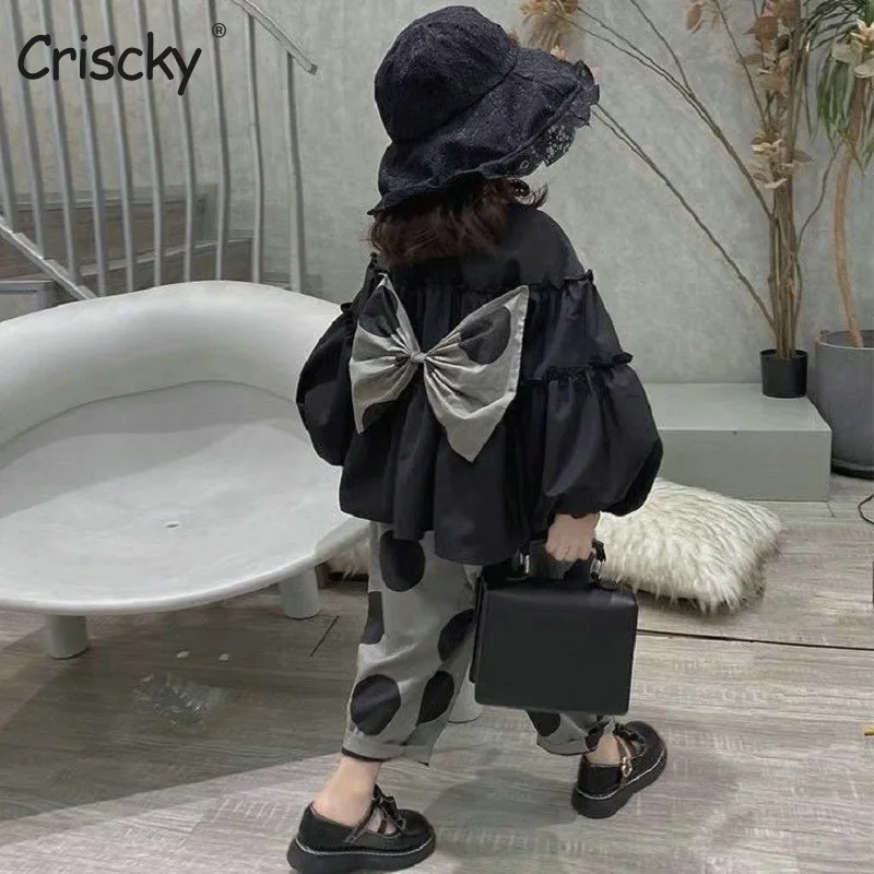 

Criscky Spring Girls' Clothing Sets Fashion Puff Sleeve Polka Dot Bowknot Girls' Shirt Top+Pants Baby Kids Clothes Suit