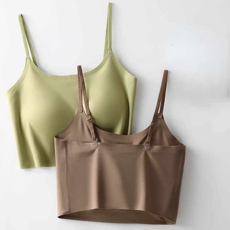 

Ice Silk One Piece Sling Crop Top Seamless Solid Bra Camisole Comfortable Breathable Spaghetti Running Sports Tube Top Underwear