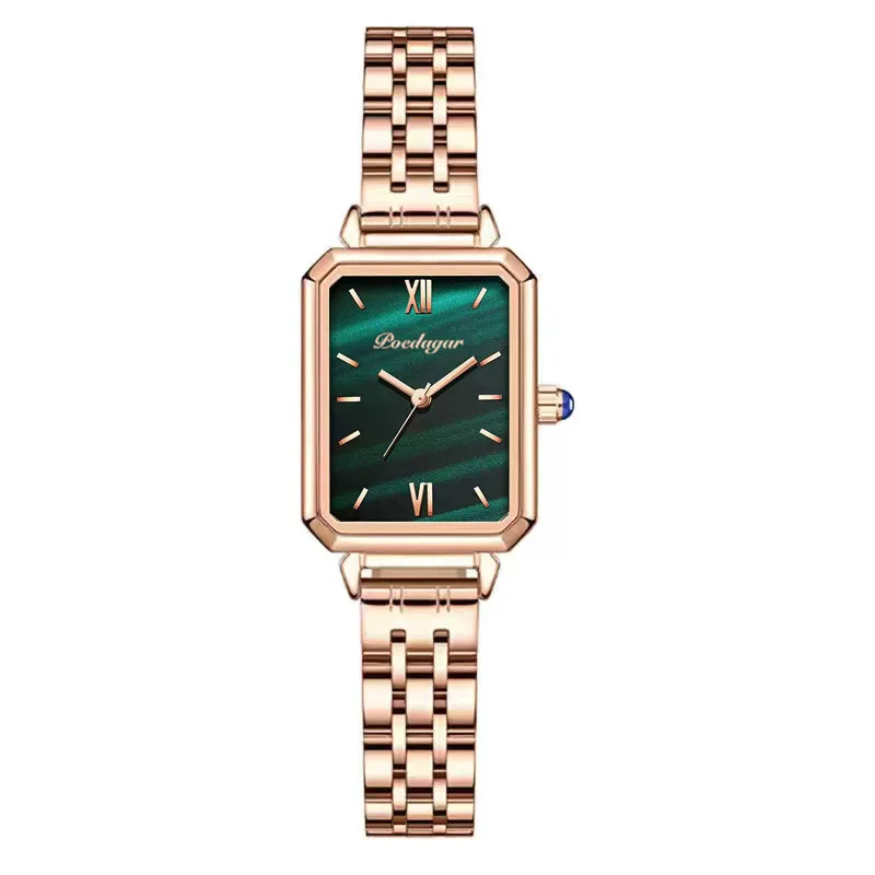 POEDAGAR Popular Simple Waterproof Women's Small Green Watch Square Quartz Solid Steel Band High Quality Belt Watch Retro Peacoc