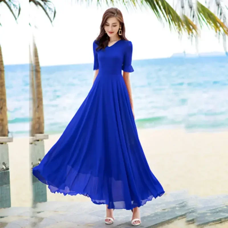 Женское шифоновое платье-рубашка длинное пляжное платье с рукавом до локтя