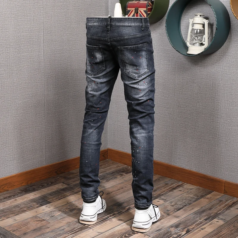 Italian Style Vintage Fashion Men Jeans Retro Black Blue Stretch Slim Fit Ripped Jeans Men Painted Designer Brand Pants Hombre