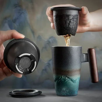 Handmade Ceramic Coffee & Tea Mug Large Ceramic Strainer Creative Retro Mug Traditional Tea Cup Pottery Mug Business Gift Set