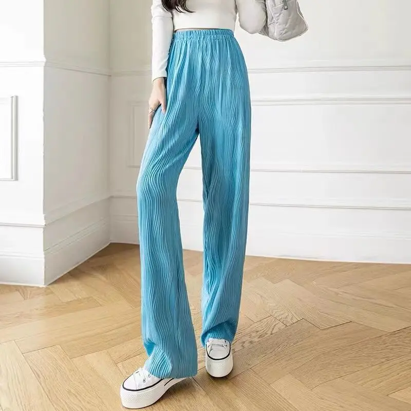 Sky Blue Water Ripple Wide Leg Pants Women's Spring and Summer Thin Section High Waist Elastic Drape Casual Straight Trousers