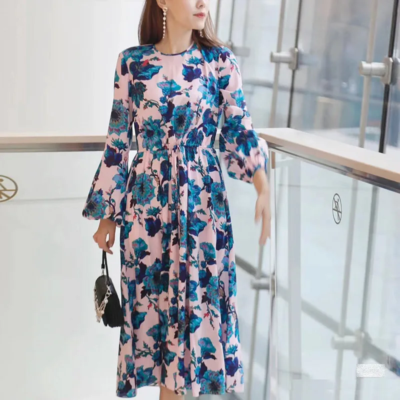 

Women's Silk Dress Pink Blue Flower Printed Lantern Sleeve Waistband A-Line O Neck Large Swing Dress 2023 Spring Summer New