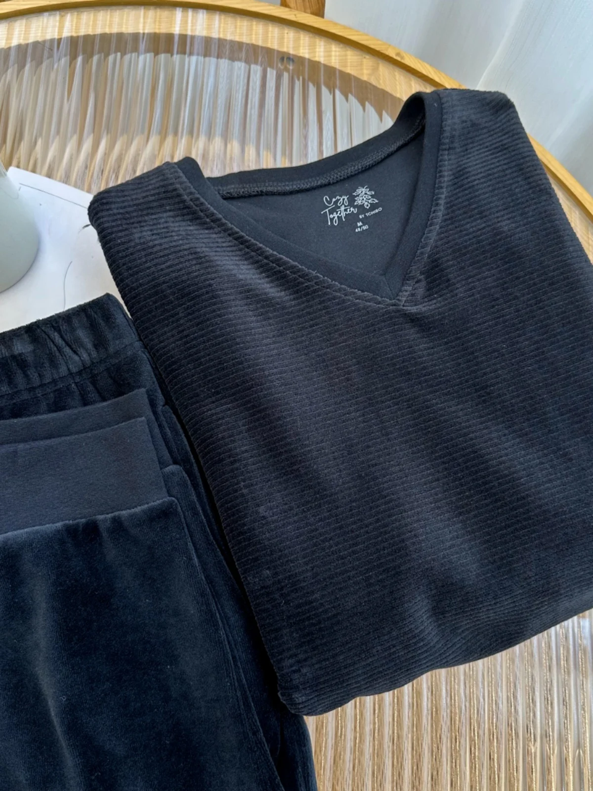 Мужской осенне-зимний бархатный Теплый черный комплект TCM с длинным рукавом