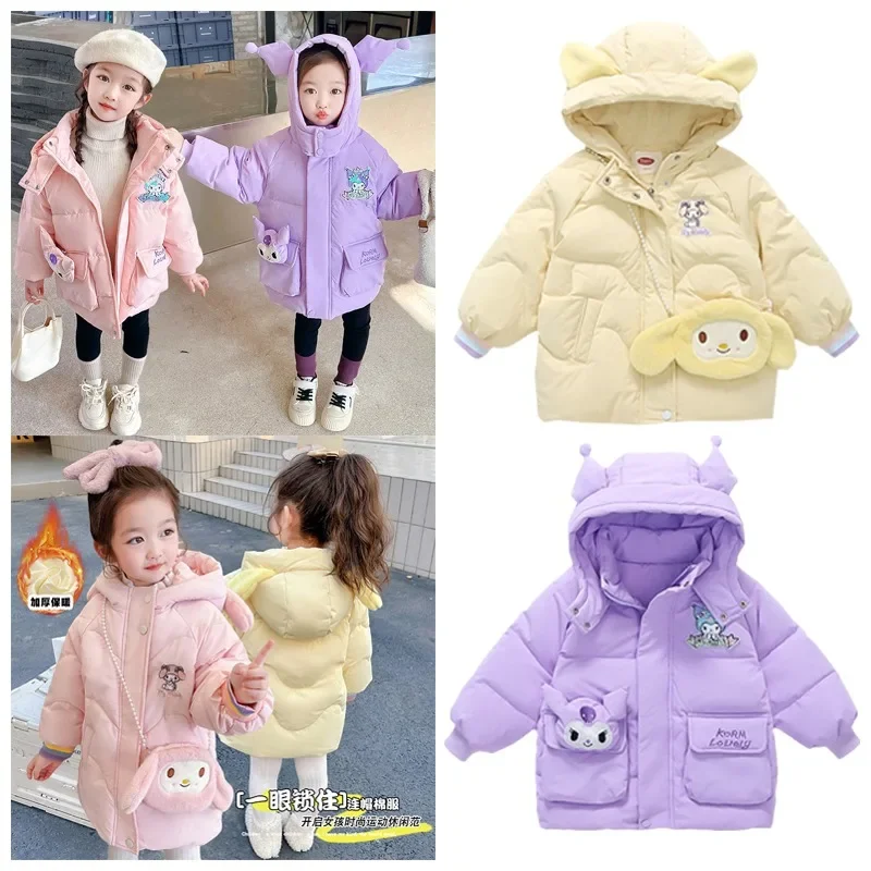 

Детская одежда Sanrioed My Melody Kuromi, пуховик, кавайная утепленная ветровка с капюшоном, мультяшная бархатная куртка, детский подарок