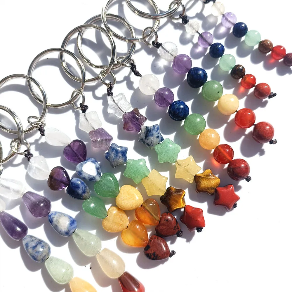 

10pcs Natural Crystal Heart Waterdrop Key Rings 7 Stone Star Beads Set Keychain Jewelry Bags Pendant DIY Accessories Wholesale