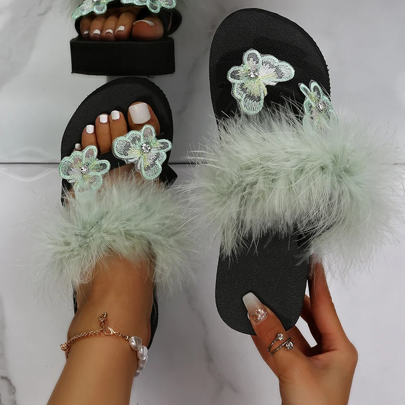 2025 г. женские тапочки на толстой подошве с пушистыми перьями платформе и