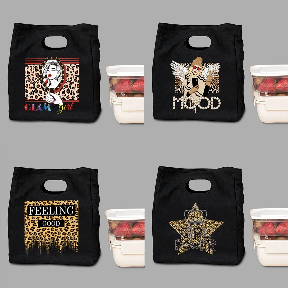 

Women's Lunch Bag Food Cooler Storage Handbag Picnic Diner Container Thermal Bento Black Pouch Lunchbox Leopard Series Tote Bags