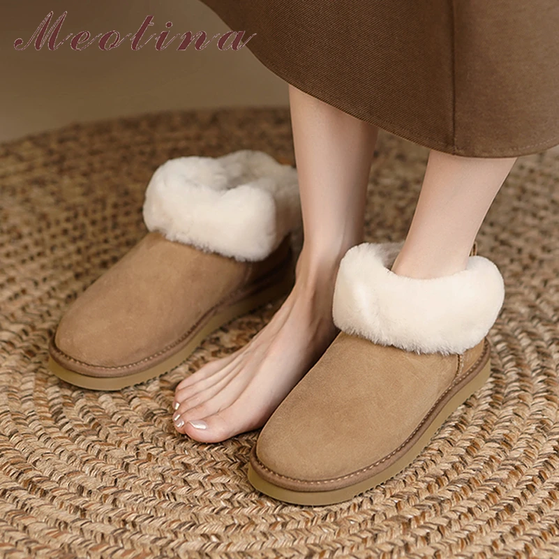 

Meotina Women Genuine Leather Round Toe Flat Warm Ladies Kid Suede Heels Fashion Casual Autumn Winter Shoes Apricot Gray 40