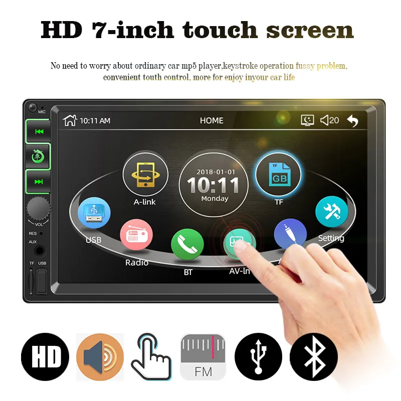

7-дюймовый экран с поддержкой Android 9.0 Φ MP5 Bluetooth Mirror Link FM с большим сенсорным экраном Apple интернет RCA автомобильное радио 2 Din