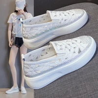 white sneaker woman platform shoe 2022 flower crystal increasing height shoes thick sole fairy style slip on women loafers