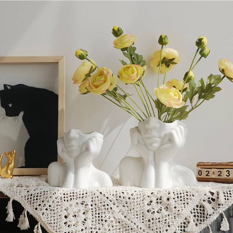 Nordic Style Flower Vase Women Body Half Face Flower Pot Vase Ceramic Art Crafts Bedroom Living Room Desktop Decoration