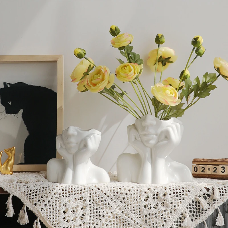 

Nordic Style Flower Vase Women Body Half Face Flower Pot Vase Ceramic Art Crafts Bedroom Living Room Desktop Decoration