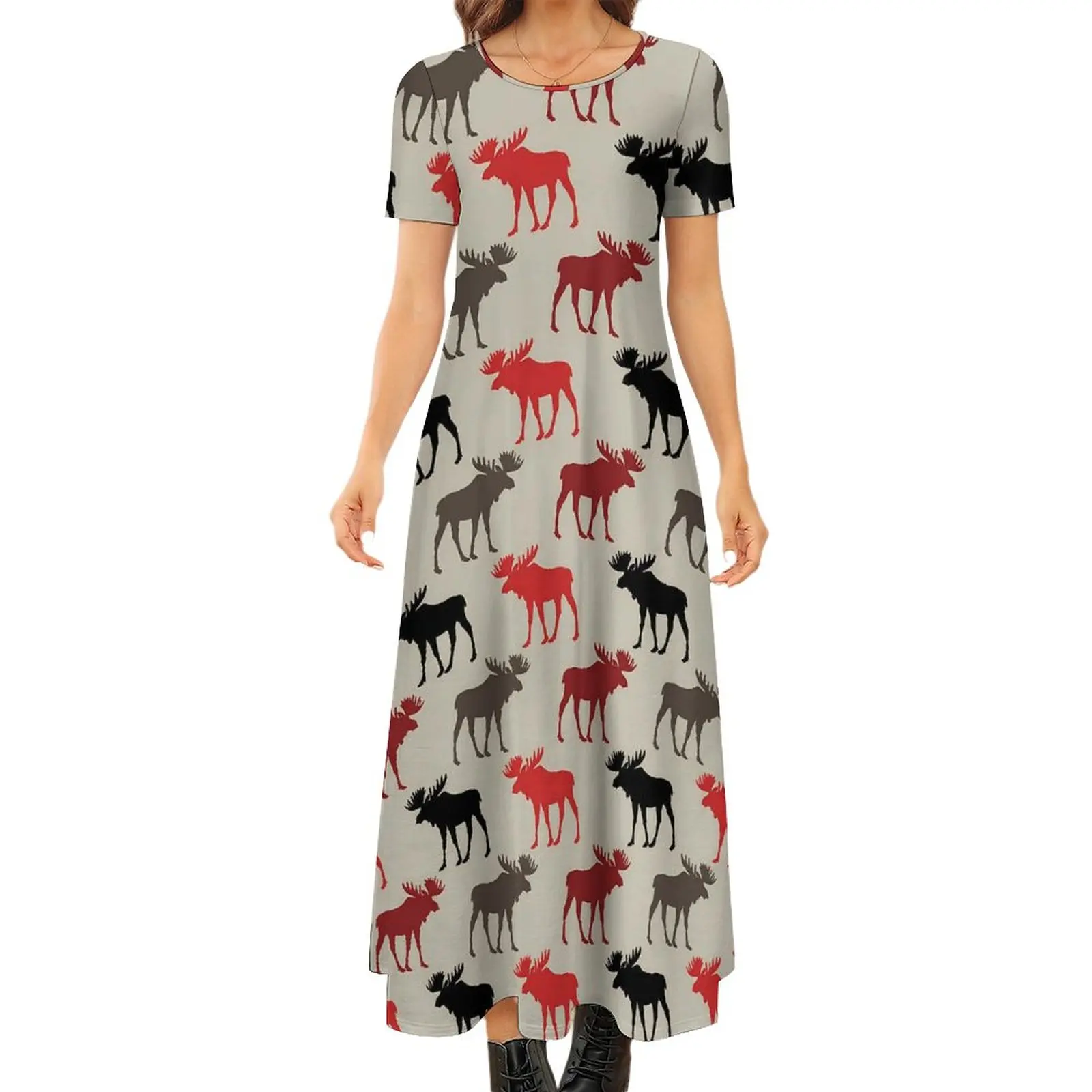

Silhouette Deer Dress Cute Animal Print Party Maxi Dress Ladies Short Sleeve Street Style Boho Beach Long Dresses Big Size 7XL