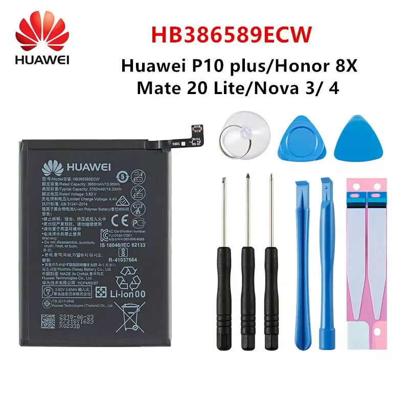 

Hua Wei 100% Orginal HB386589ECW 3750mAh Battery For Huawei V10 P10 Plus Play 20S 8X Play 3 Mate20 +Tools