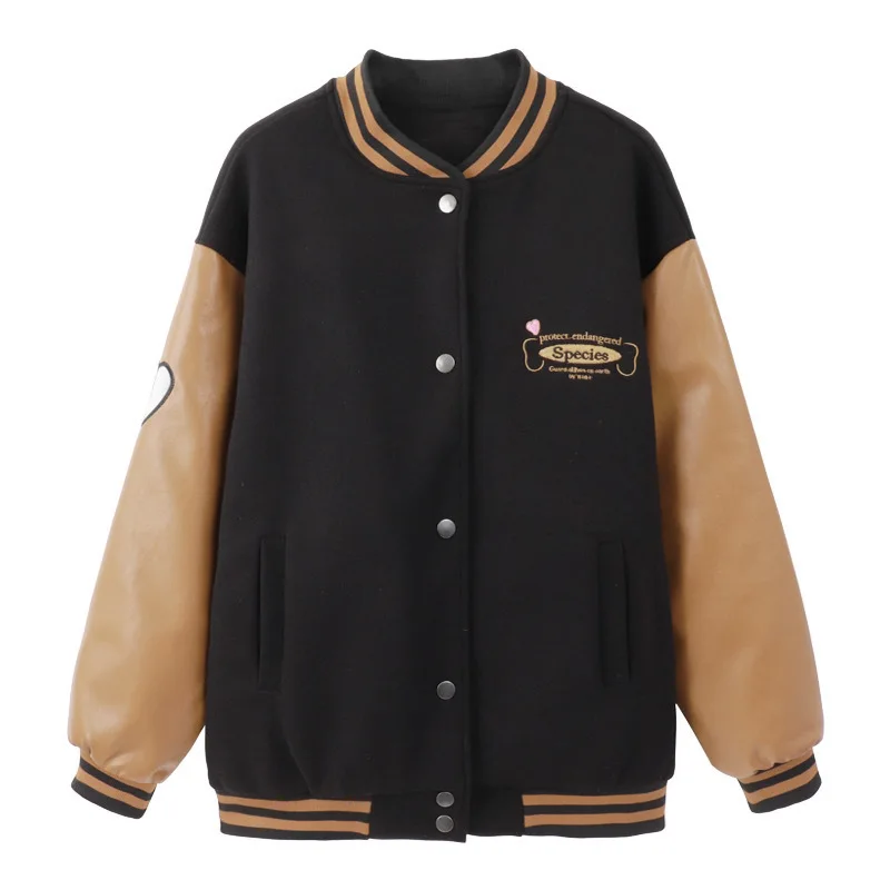 

Harajuku Pattern Brown Varsity Jacket Men Leather Sleeve Vintage Letterman Women's Bomber Jacket Hip Hop Oversize Baseball Coat